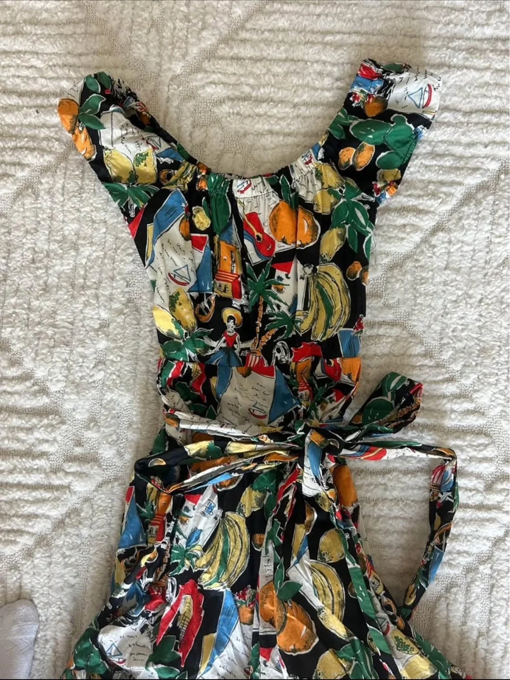 Women’s Multicolor Fruit Print Dress with Tie Waist